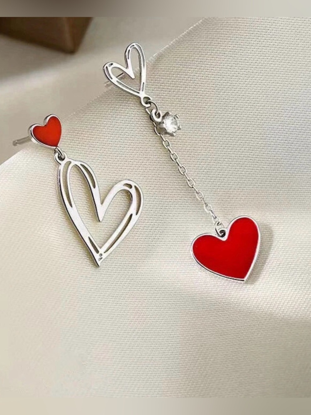 Asymmetrical Red Heart Drop Earrings - Silver Tone